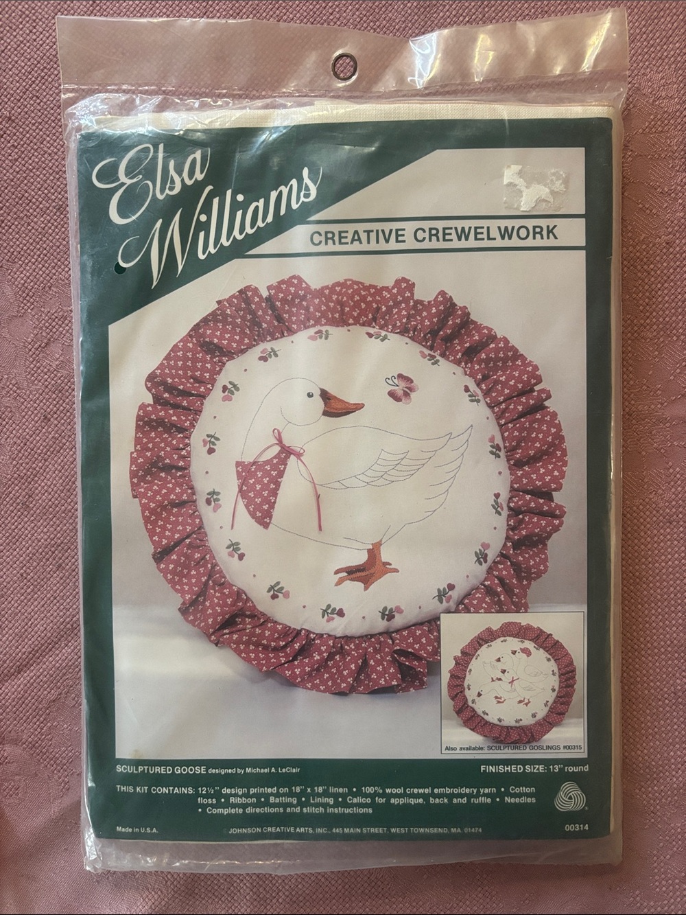 Elsa Williams Sculptured Goose Crewelawork Pillow Cover - Pink & White